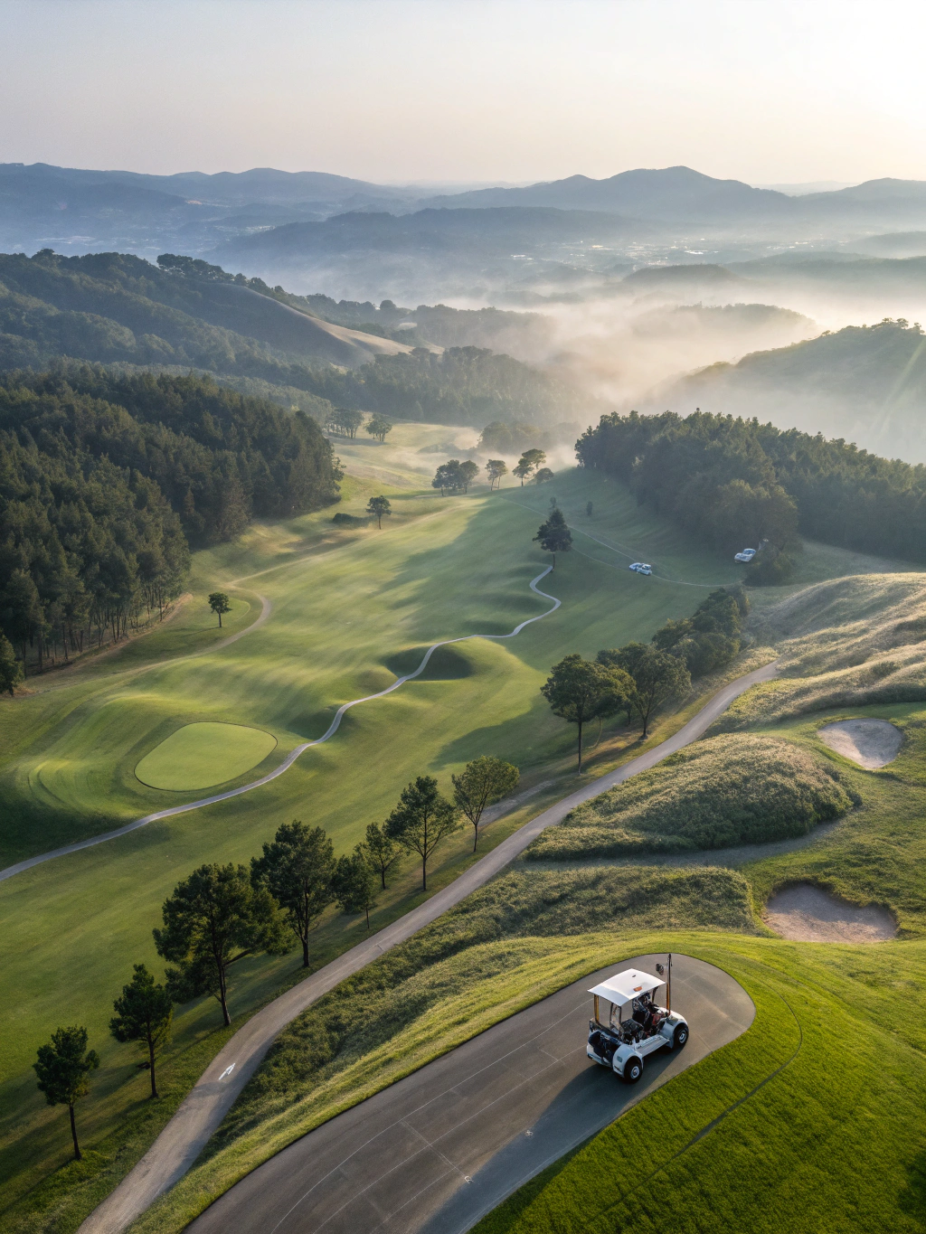 Cinematic drone shot of a pristine golf course fairway at sunset